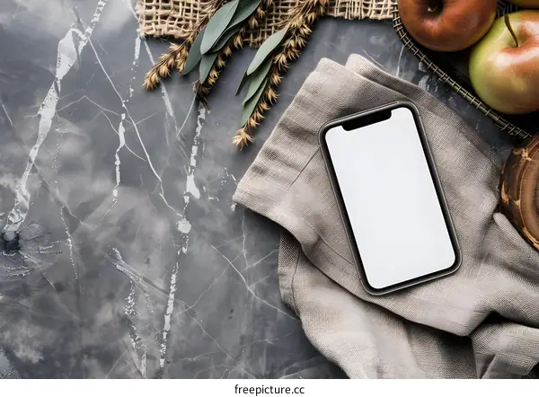 Flat Lay Phone Mockup on Gray Background With Apple and Cloth