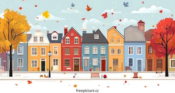 Autumn Street Houses Illustration