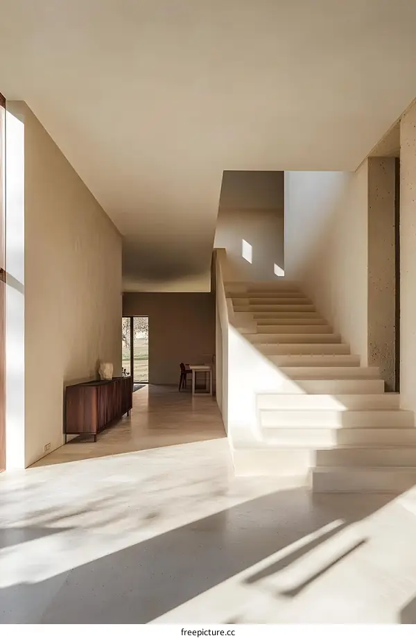 Modern Minimalist Interior Design with White Staircase and Natural Light