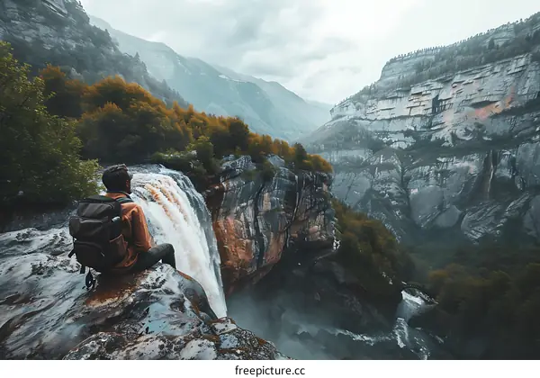 Man Sitting on Cliff Edge Overlooking Waterfall in Mountain Range