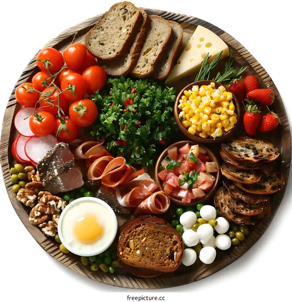 Delicious appetizer platter with various snacks on white background
