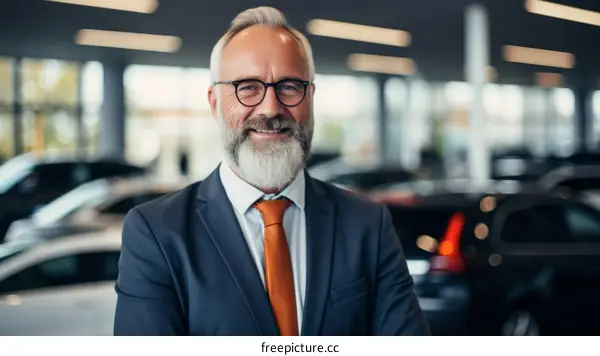 Portrait of a successful car salesman standing in a car dealership