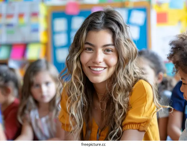 Portrait of a smiling teacher with her students in the background