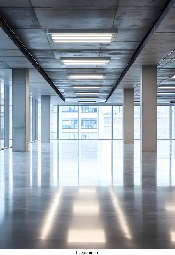 Modern Empty Office Space with Concrete Columns and Large Windows