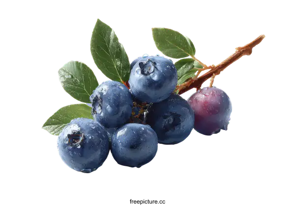[Transparent Background PNG]Fresh Blueberries on Branch with Water Drops