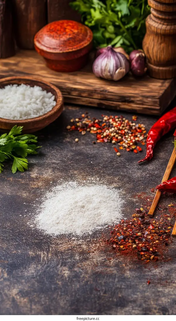 Various Spices and Herbs on Rustic Wooden Surface