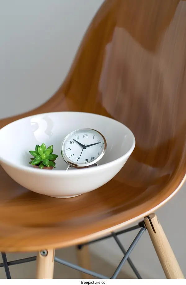White Bowl with Clock and Plant on Brown Chair