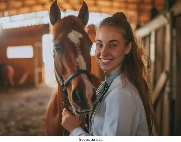 Young caucasian female veterinarian with a horse in a barn