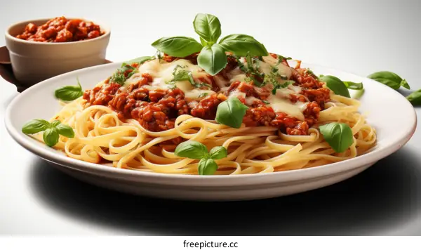 A plate of spaghetti with tomato sauce and basil