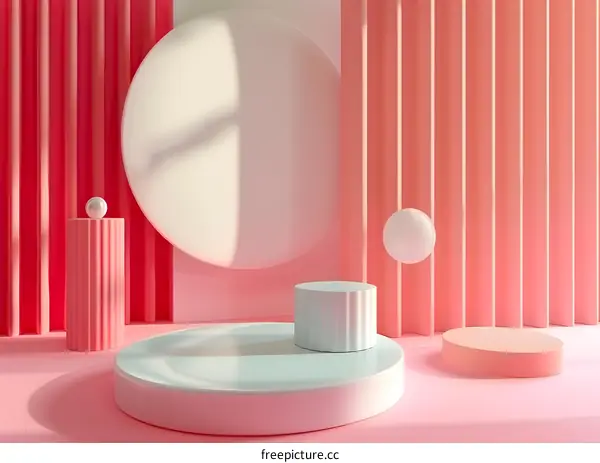Abstract Pink And White 3D Background With Cylinder Platforms And Floating Spheres