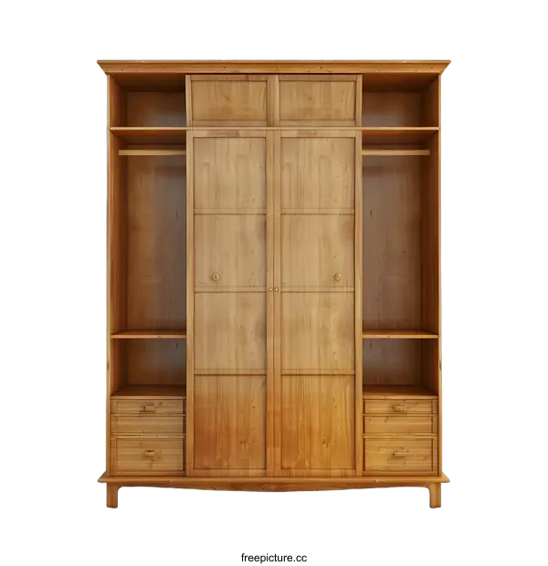 [Transparent Background PNG]Wooden Sliding Door Closet With Drawers And Shelves