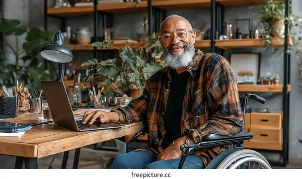 African American Man in Wheelchair Working on Laptop