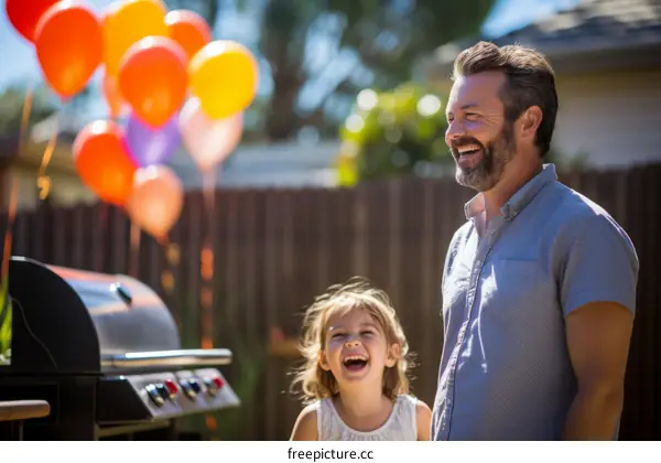 Father and daughter laughing together at a barbecue