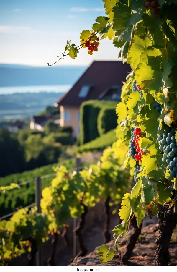 Grapes on the vine with a house in the background