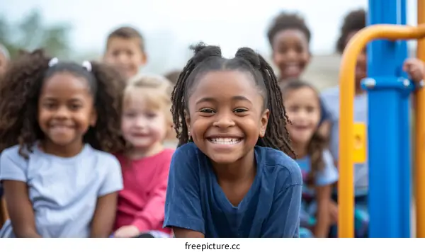 A group of children of different ethnicities are smiling and posing for a photo.