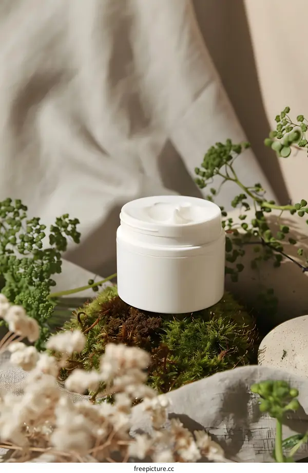 White Cream Jar on Green Moss With Flowers