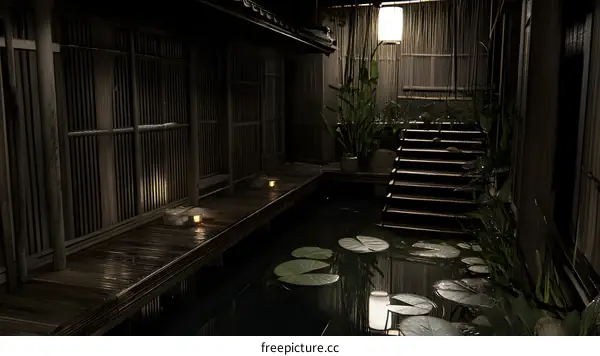 Traditional Japanese Garden with Pond and Lily Pads