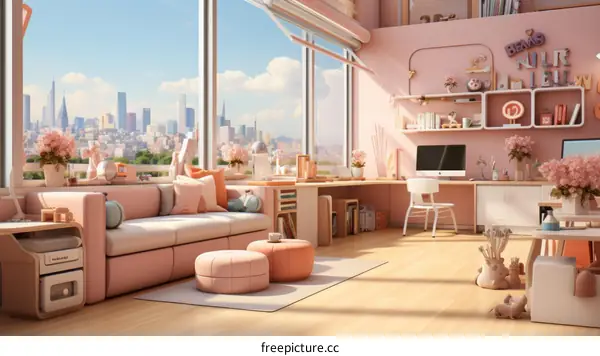 Modern Pink Living Room with City View
