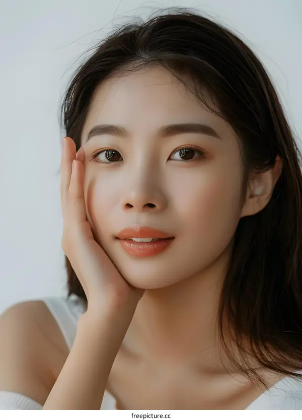 Beautiful Asian Woman with Long Black Hair Smiling and Touching her Face