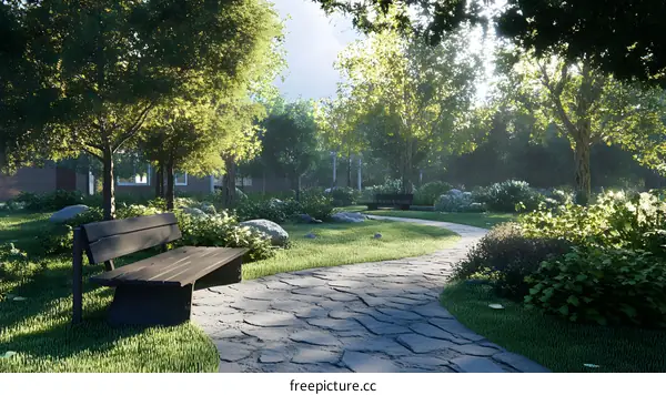 Stone Path and Bench in a Green Park