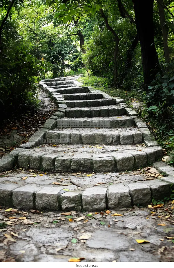 Stone Steps Leading Up Through Green Trees in a Forest