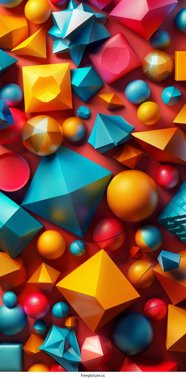 Colorful 3D shapes on a red background