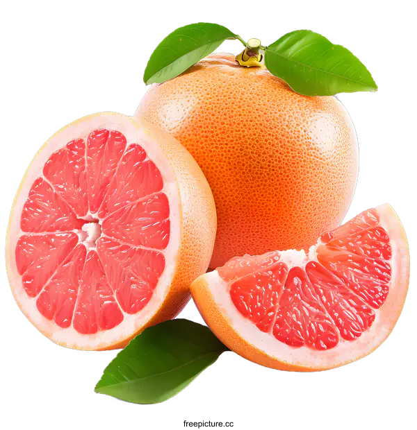 [Transparent Background PNG]Fresh Ripe Grapefruit with Green Leaves on White Background