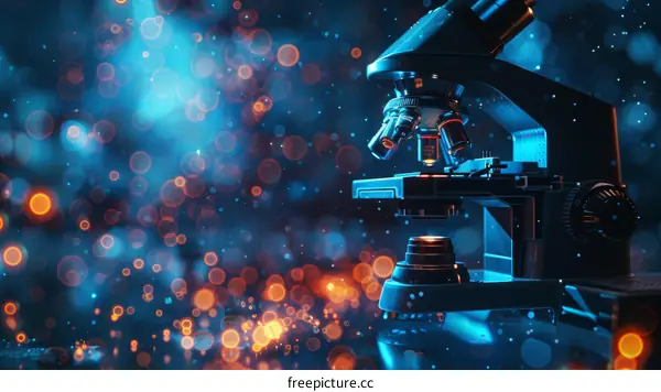 microscope in lab with blue and orange glowing lights