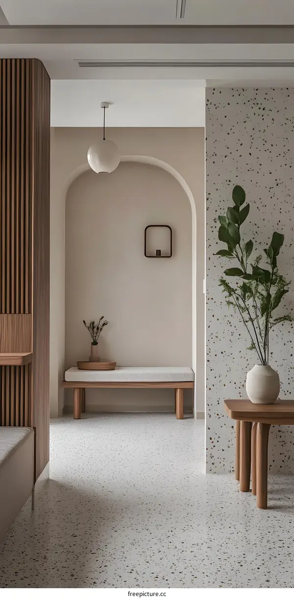Minimalist Interior Design With Wooden Bench and White Terrazzo Floor