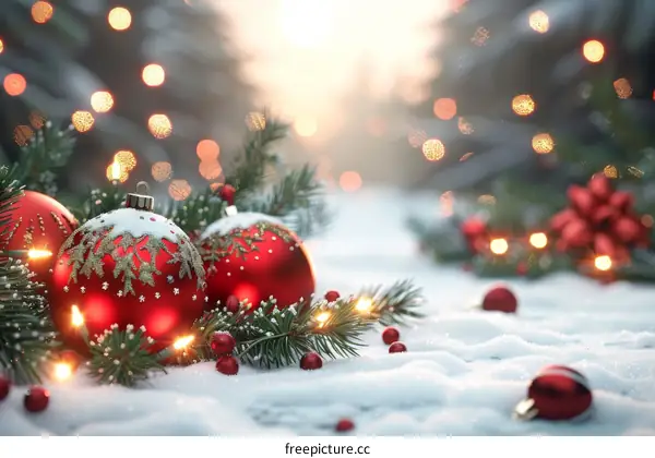 Christmas Decorations on Snow Background