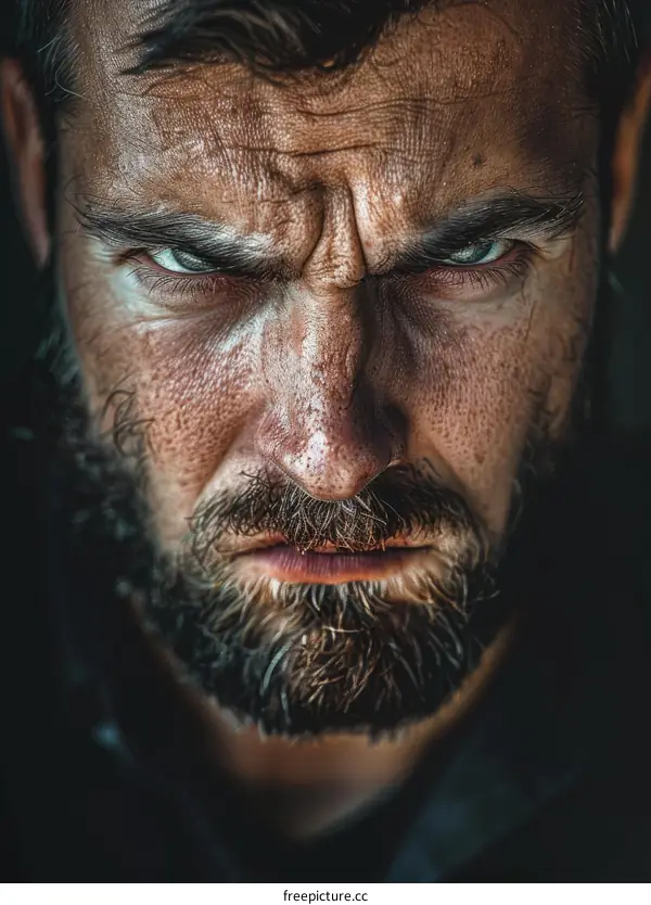 Close up portrait of a man with a beard looking angry