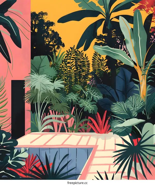 Tropical Garden Illustration with Pink Wall and  Wooden Deck