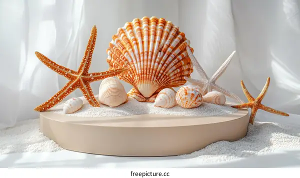 Seashells and Starfish Display on a Beige Stand