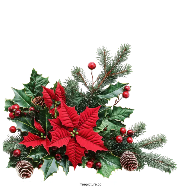[Transparent Background PNG]Christmas Arrangement with Poinsettia and Holly