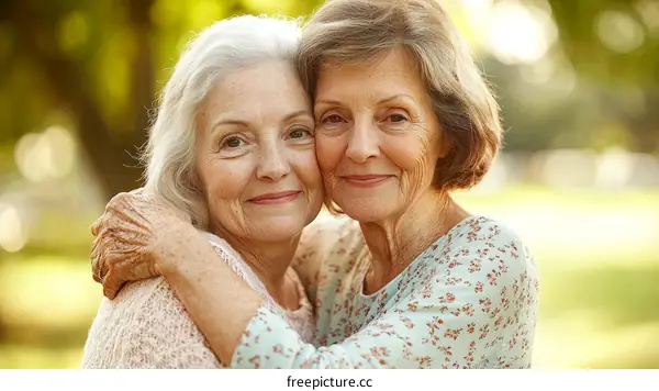Two Senior Women Embrace Outdoor Portrait