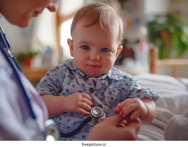 Pediatrician examining a smiling baby