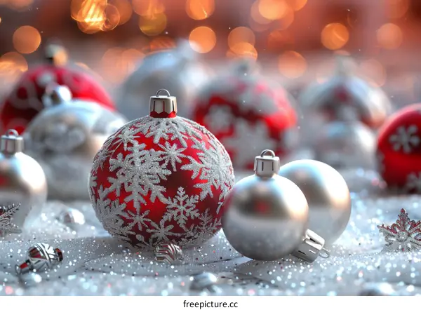 Red and Silver Christmas Ornaments with Snowflakes