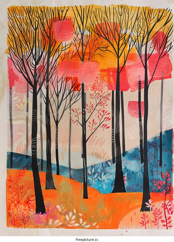 Abstract Art Illustration Of Autumn Trees In A Forest