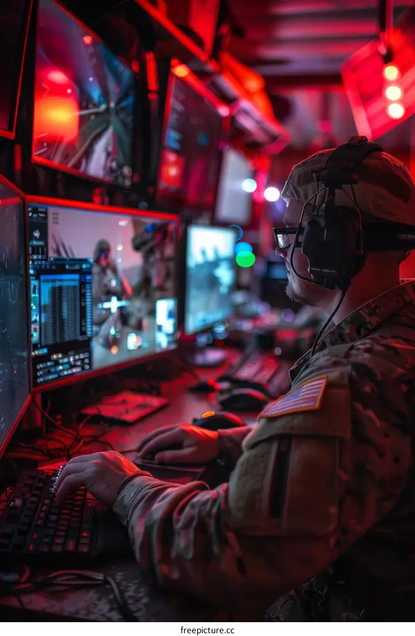 Soldier using computer in dark room