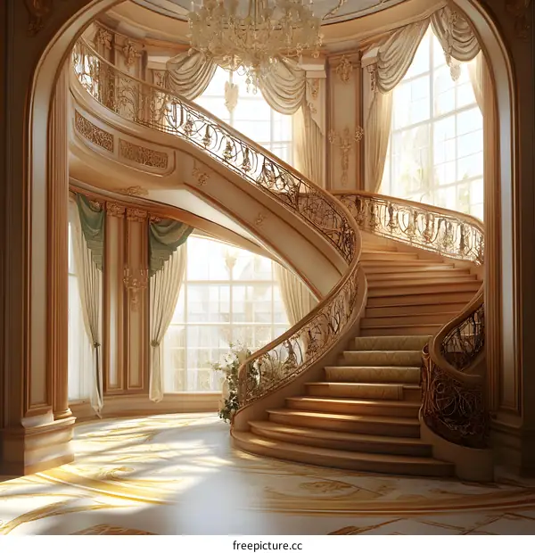 Curved Staircase In Luxurious Mansion Interior