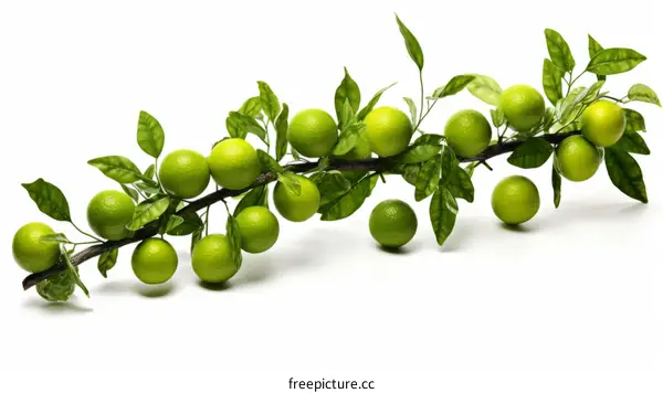 A branch of green limes with leaves on a white background