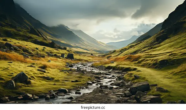 stones in the middle of a valley with a river flowing through it and mountains in the background