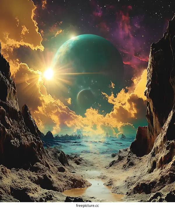 Fantasy Landscape with a Rising Sun and a Distant Planet