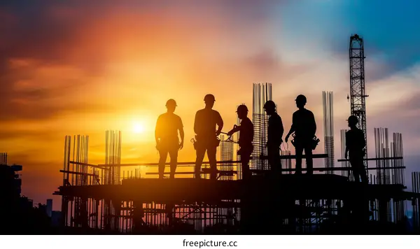 Construction Workers Silhouette at Sunset