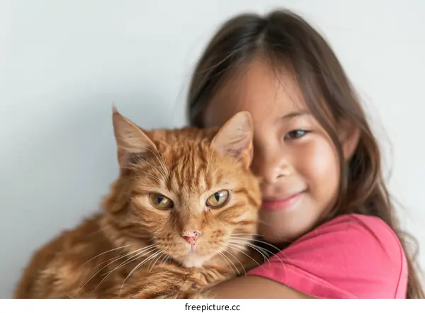 A girl hugging an orange cat