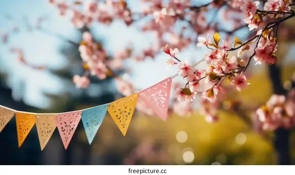 Colorful Paper Flags with Cherry Blossoms: Spring Celebration