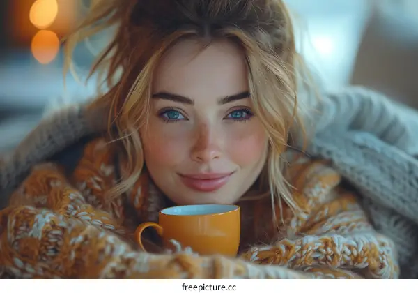 portrait of a beautiful young blonde woman in a cozy sweater holding a cup of tea
