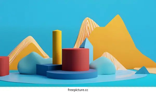 Abstract 3D Rendering of Geometric Shapes with a Blue Background