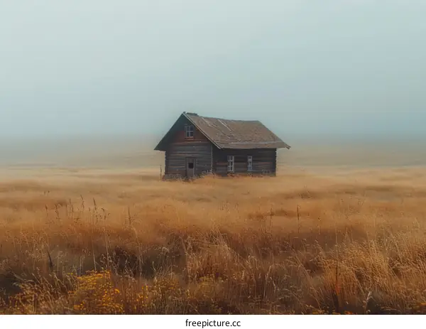 Small wooden house in the middle of a large grass field on a foggy day