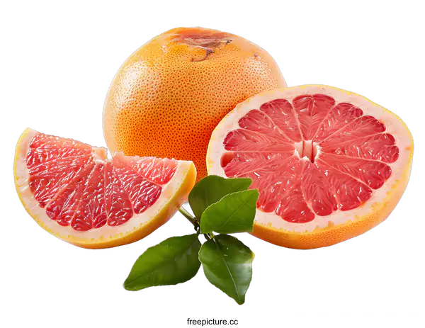 [Transparent Background PNG]Fresh Ripe Grapefruit Slices With Green Leaves Isolated On White Background